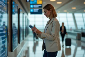 Femme tenant une carte prépayée La Poste dans un aéroport international avant un voyage à l'étranger