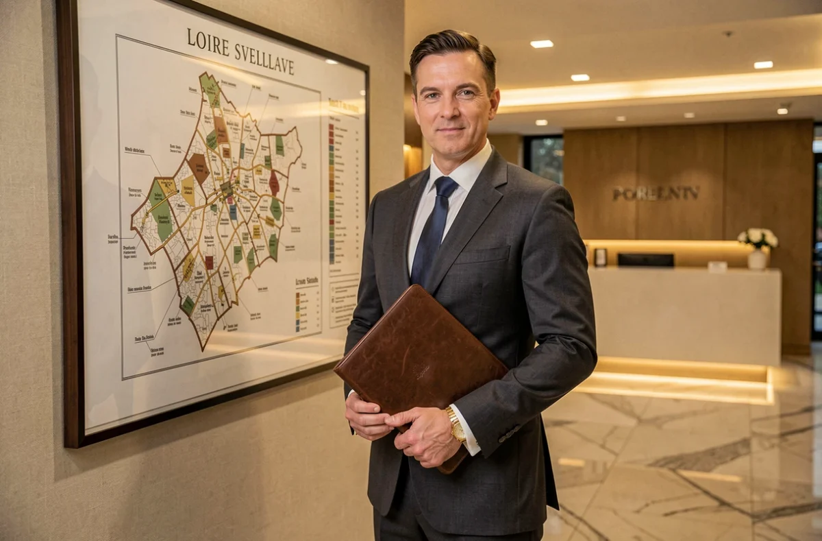 Conseiller de Castimm Investissements devant une carte du portefeuille immobilier de la Loire dans un bureau élégant