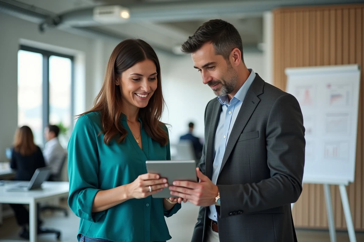 Deux conseillers financiers consultant un client sur les services Cofica Bail avec une tablette