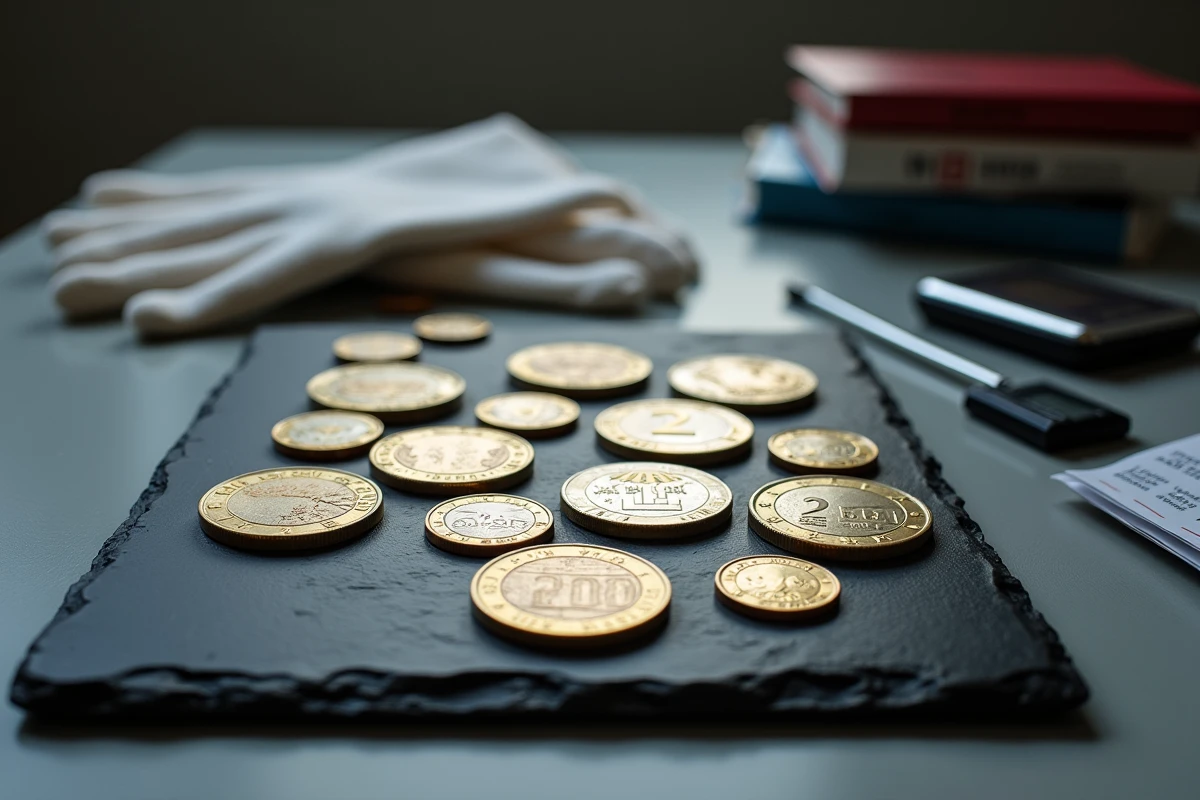 Disposition à plat de pièces de 2 euros Jeux Olympiques 2026 avec guide de valeur et gants de collectionneur