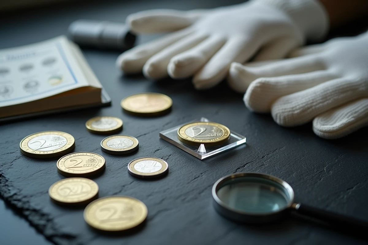 Vue du dessus d'une collection de pièces de 2 euros rares sur ardoise avec certificat d'expertise et loupe de collectionneur