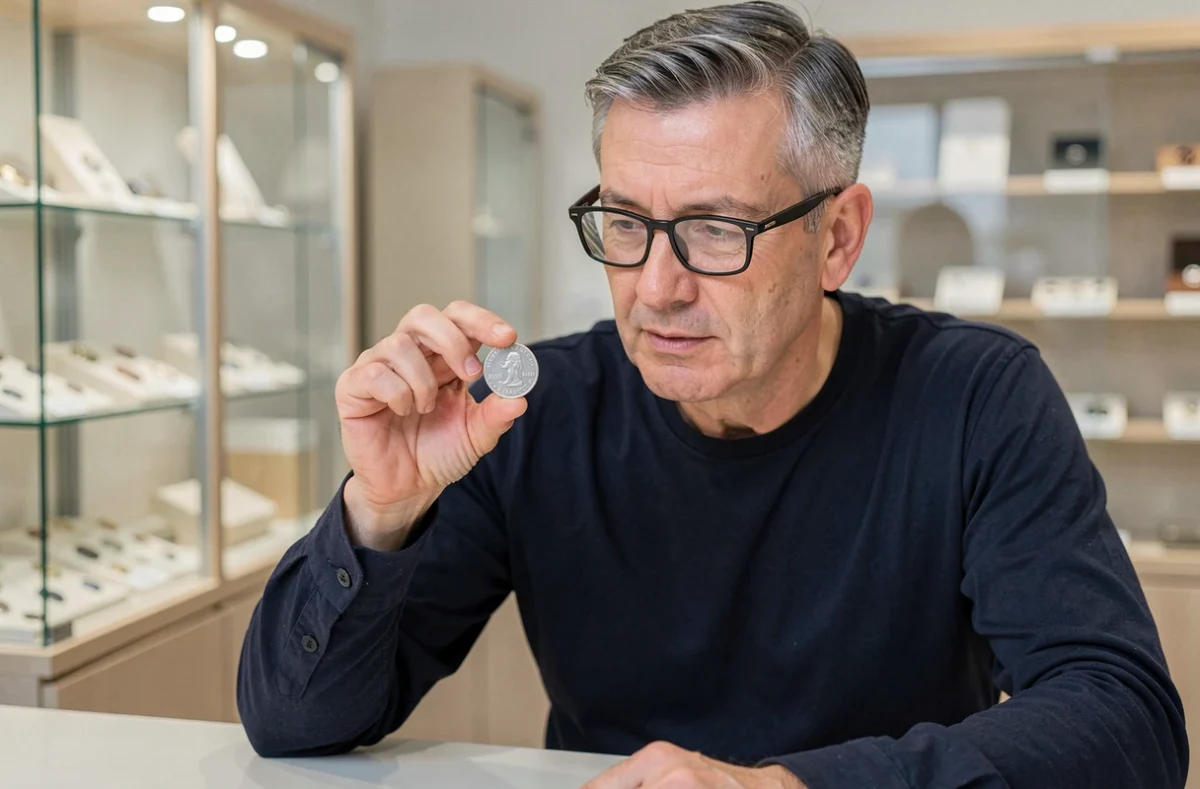 Collectionneur de monnaies examinant une pièce de 5 francs 1960 en argent dans un commerce numismatique pour en estimer la valeur