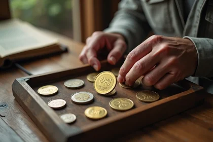 Collectionneur examinant une pièce de 2 euros Jeux Olympiques 2026 à la loupe sur un bureau en bois