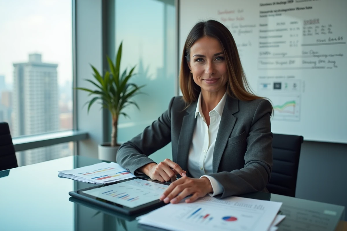 Femme cadre comparant des ETF à frais réduits sur tablette et documents imprimés dans une salle de réunion professionnelle
