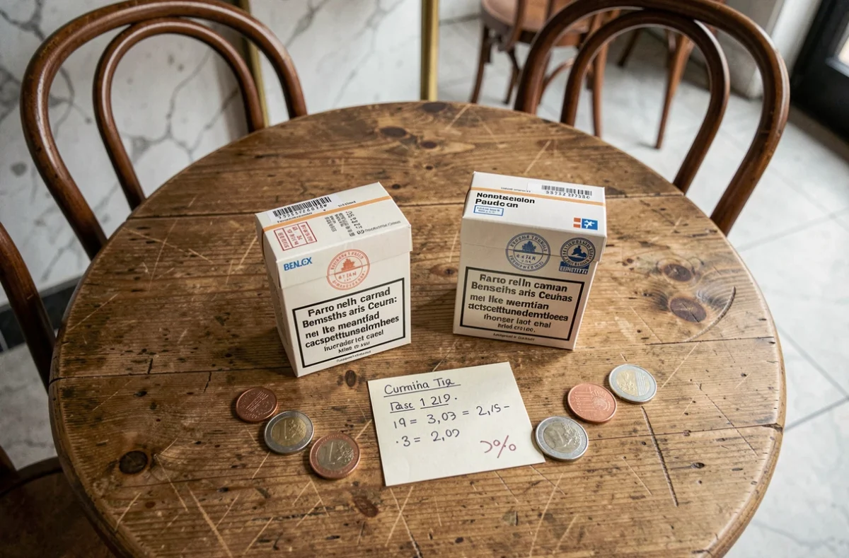 Comparaison de deux paquets de cigarettes belge et français posés côte à côte sur une table de café avec des euros
