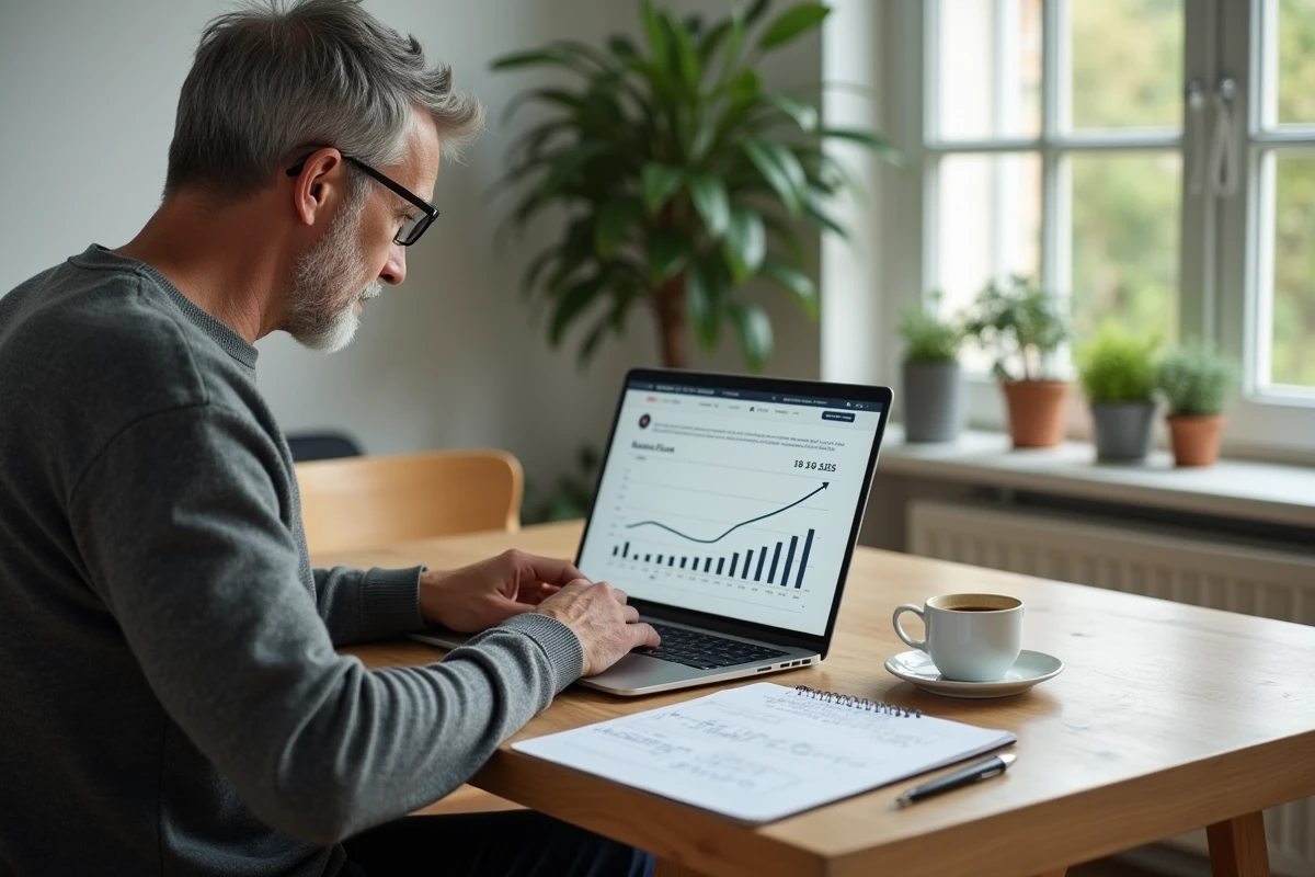 Particulier comparant les taux d'un compte à terme Crédit Agricole sur ordinateur à domicile