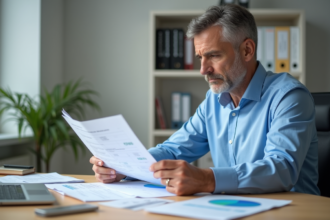 Homme comptable en chemise bleue examine des états financiers