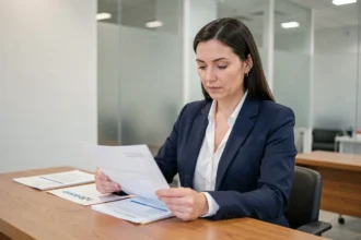Une professionnelle examine des documents bancaires dans une agence HSBC pour ouvrir un compte professionnel