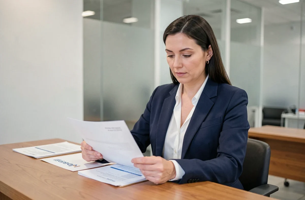 Une professionnelle examine des documents bancaires dans une agence HSBC pour ouvrir un compte professionnel