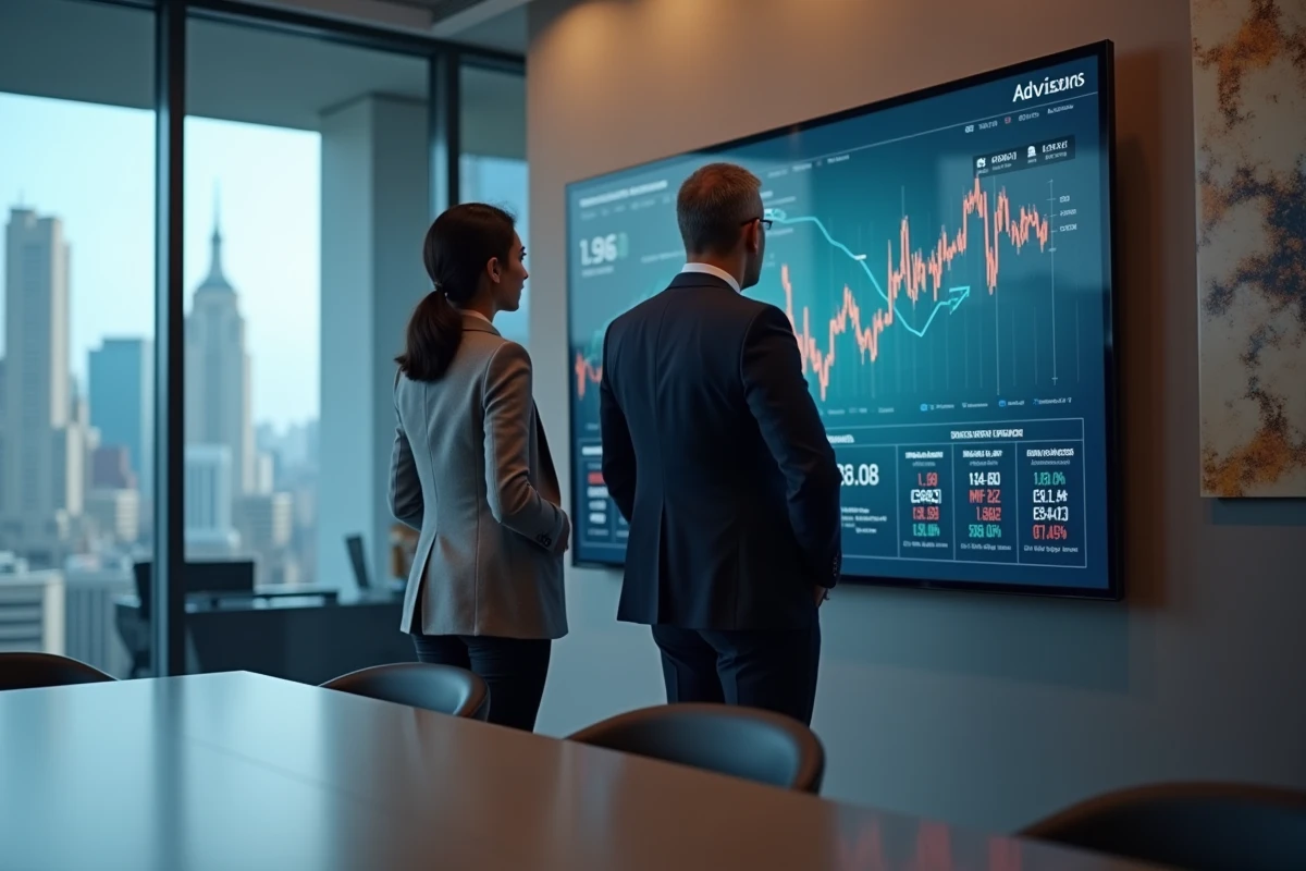 Deux conseillers financiers présentant les paramètres d'un turbo en bourse sur un écran interactif en salle de réunion
