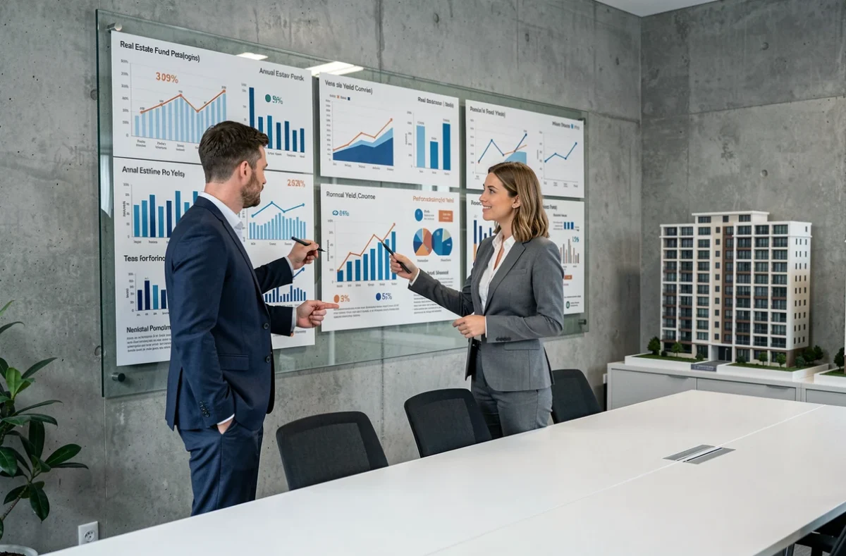 Deux conseillers financiers discutant des performances et rendements de SCPI devant des graphiques dans une salle de réunion