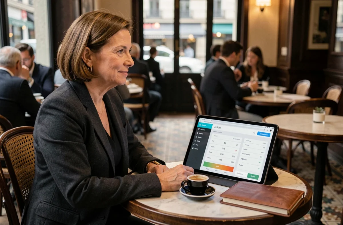 Consultante freelance dans un café parisien utilisant une application de calcul HT TTC sur tablette