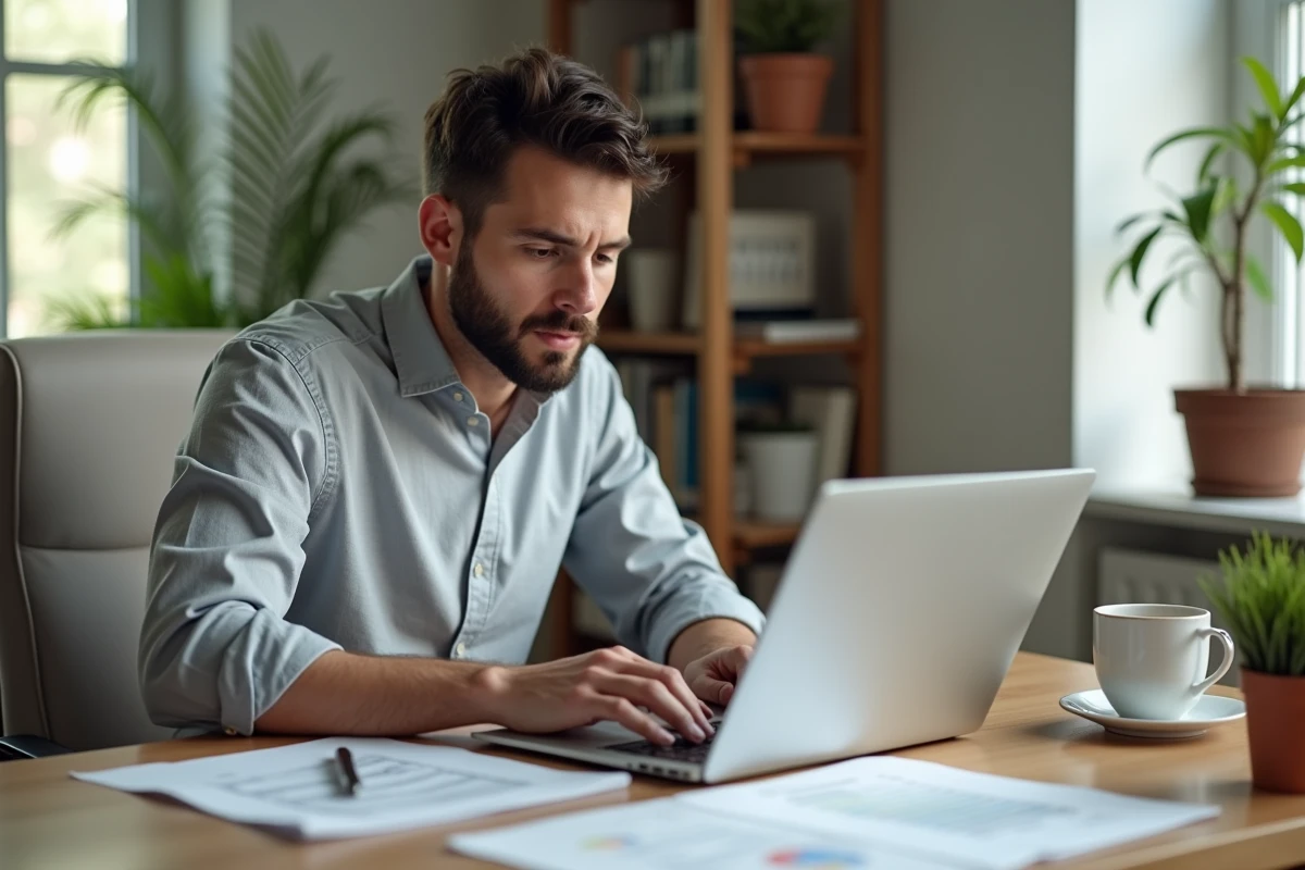 Homme consultant des documents Cofica Bail sur ordinateur portable depuis son bureau à domicile