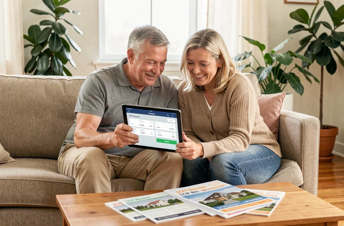 Couple consultant un calculateur de rendement SCPI sur tablette pour optimiser leurs revenus passifs