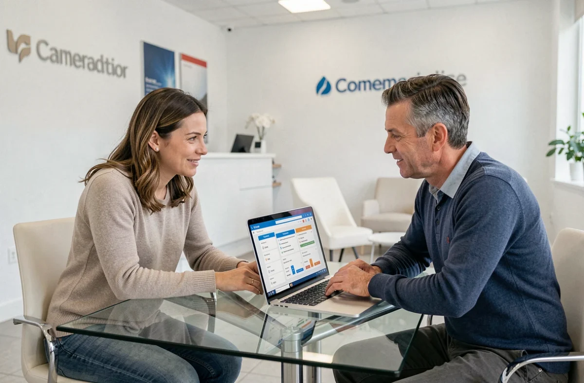 Couple comparant des alternatives à l'assurance emprunteur CIC avec un conseiller bancaire