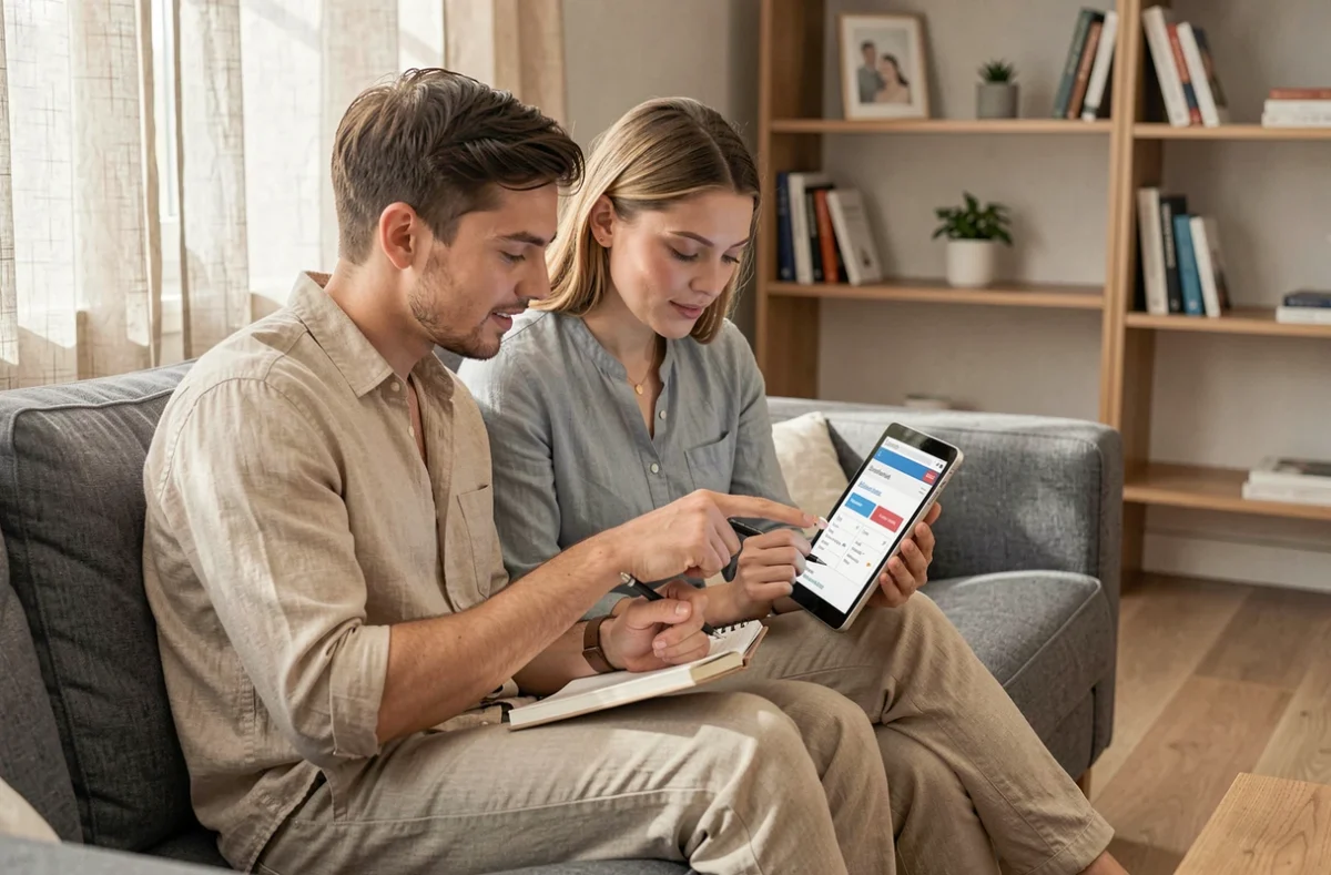 Couple comparant les prix des mutuelles santé sur une tablette dans leur salon