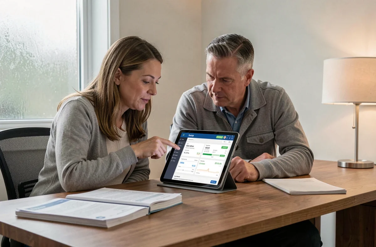 Couple consultant ensemble leurs comptes bancaires sur une tablette depuis leur bureau à domicile