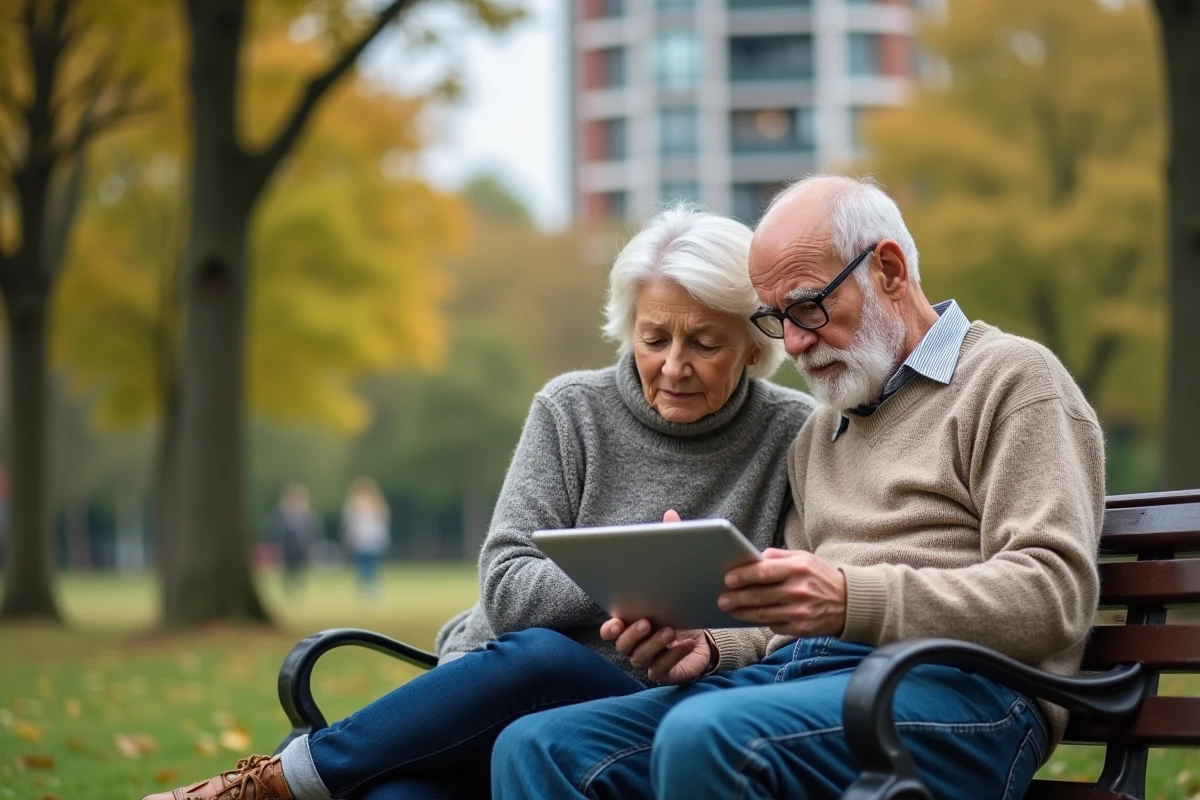 Couple mature discute de leur budget retraite au parc