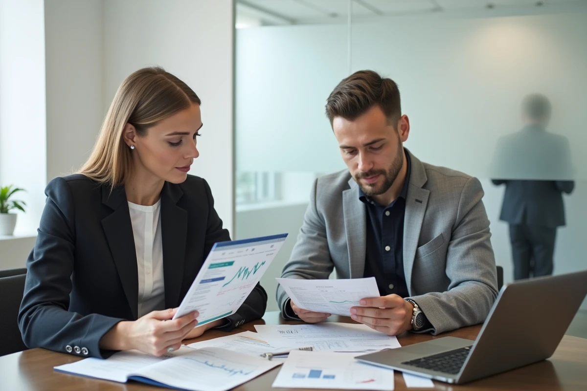 Couple de clients consultant leur espace en ligne de gestion de patrimoine BNP Paribas Banque Privée lors d'une réunion