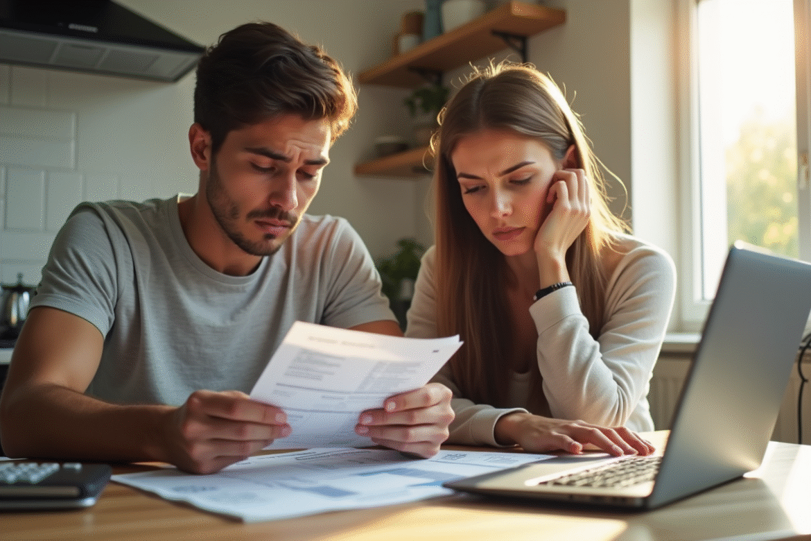 Jeune couple inquiet à la cuisine avec relevés et calculatrice