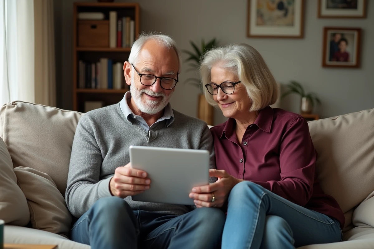 Couple de retraités consultant un courrier et une tablette pour comprendre les conditions d'une aide financière de 1745 euros