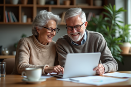 Couple senior souriant dans la cuisine chaleureuse