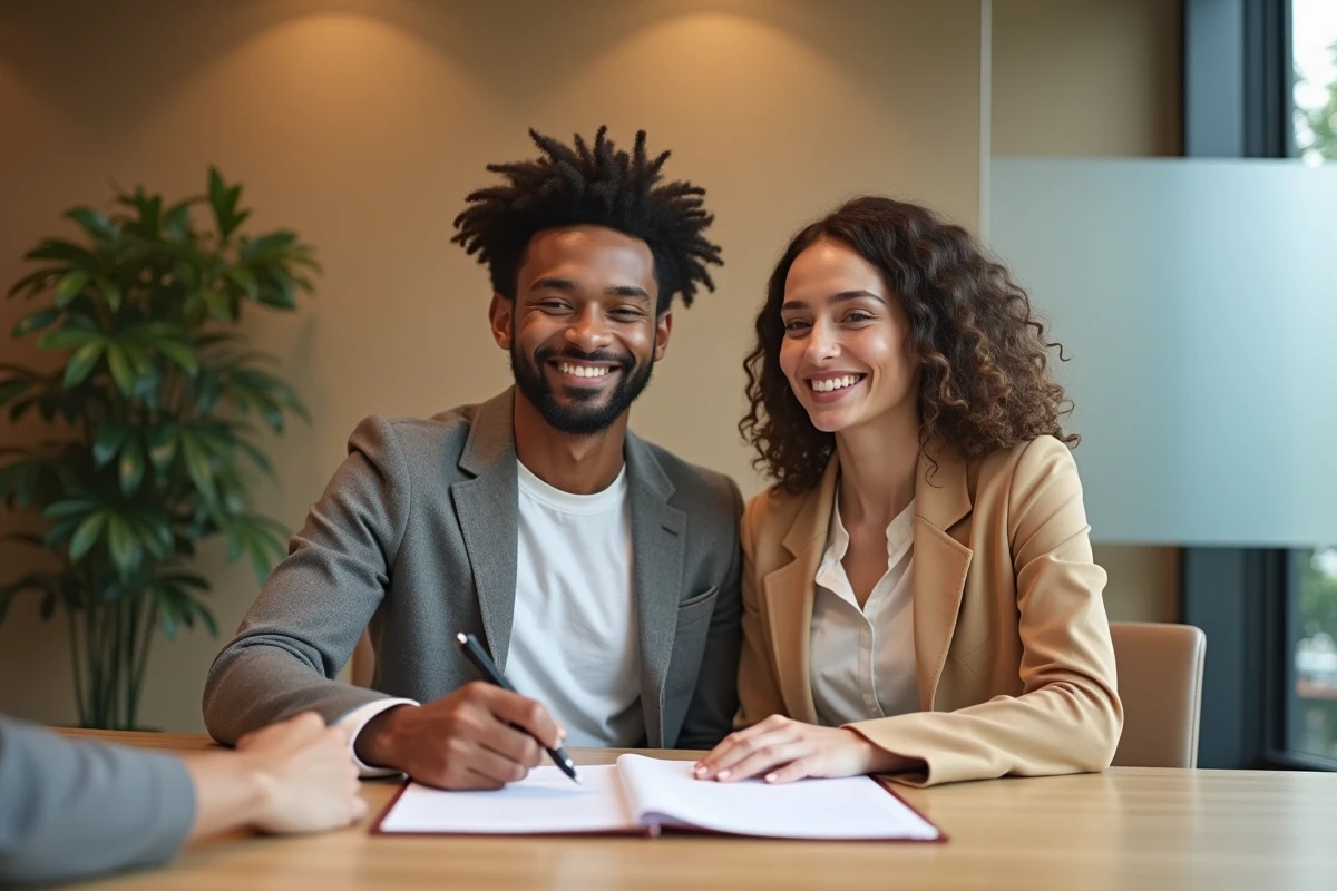 Couple signant un contrat de crédit approuvé avec un conseiller dans une salle de réunion bancaire