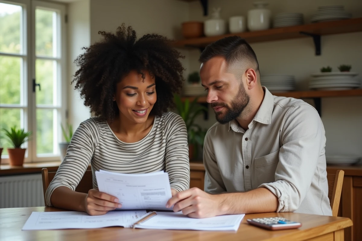 Couple dans la quarantaine qui examine des fiches de salaire et calcule des stratégies pour optimiser la prime de pouvoir d'achat 2026 ensemble
