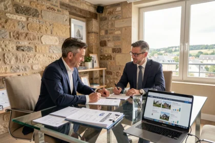 Conseiller en crédit immobilier dans la Loire présentant des offres de prêt à un couple dans un bureau moderne