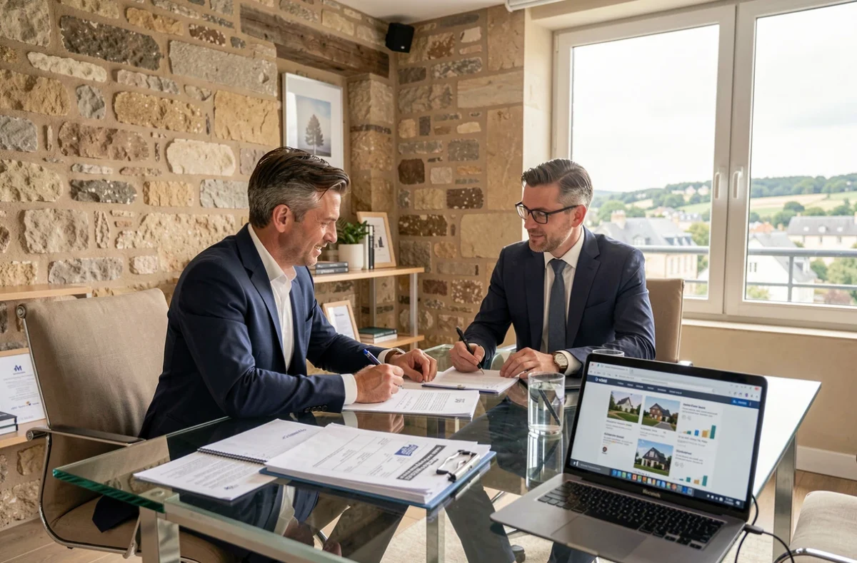 Conseiller en crédit immobilier dans la Loire présentant des offres de prêt à un couple dans un bureau moderne