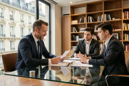 Un courtier immobilier parisien conseille un couple lors d'une réunion professionnelle dans un bureau moderne avec vue sur Paris