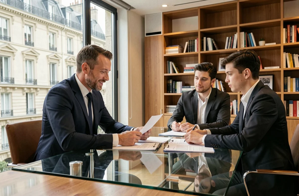 Un courtier immobilier parisien conseille un couple lors d'une réunion professionnelle dans un bureau moderne avec vue sur Paris