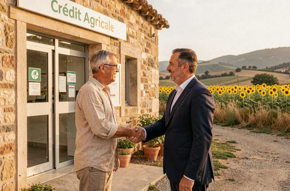 Un agriculteur et un conseiller du Crédit Agricole devant une agence régionale en Occitanie avec des champs en arrière-plan