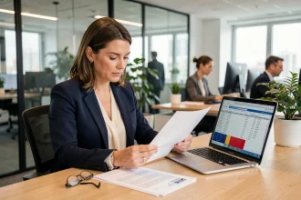 Responsable credit management européen analysant des documents financiers dans un bureau moderne