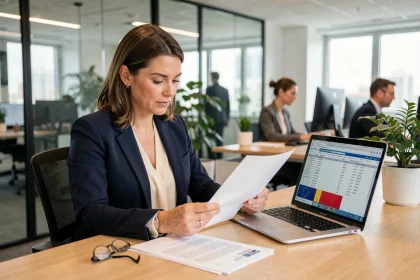 Responsable credit management européen analysant des documents financiers dans un bureau moderne