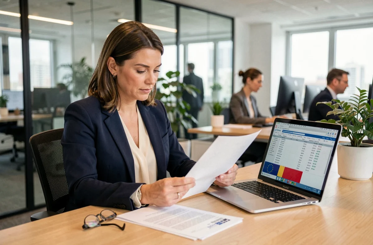 Responsable credit management européen analysant des documents financiers dans un bureau moderne