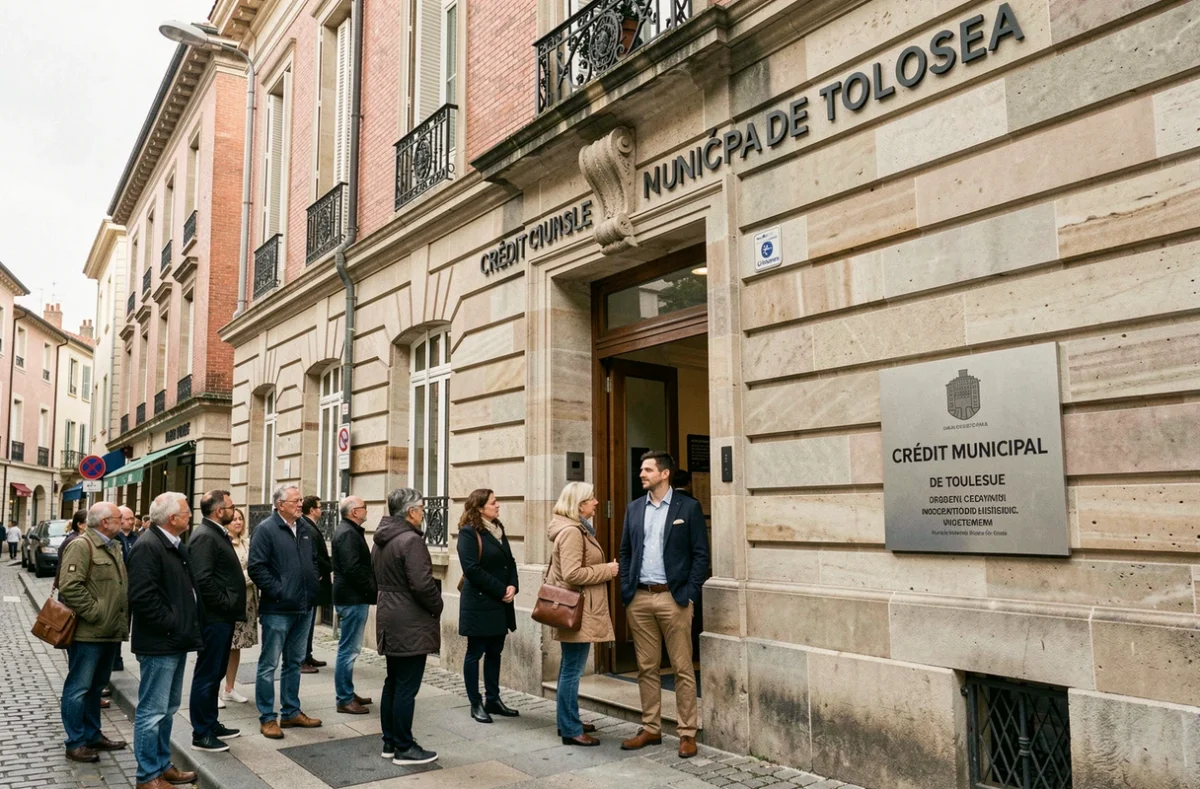 Devanture du Crédit Municipal de Toulouse avec des usagers attendant devant l'entrée de l'établissement public