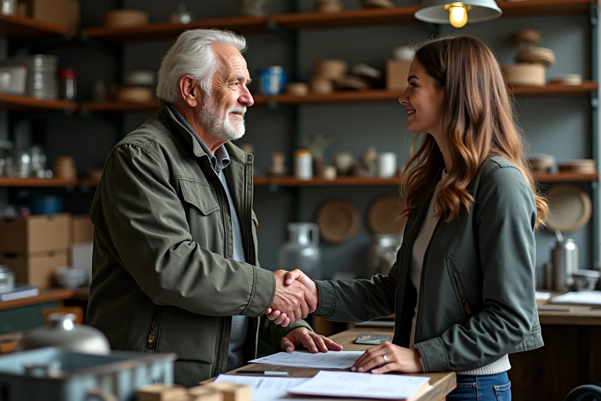 Homme et femme scellant un accord dans un bureau de recyclage cuivre
