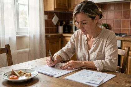 Femme remplissant une déclaration fiscale pour les frais de repas à la maison avec des reçus posés sur la table