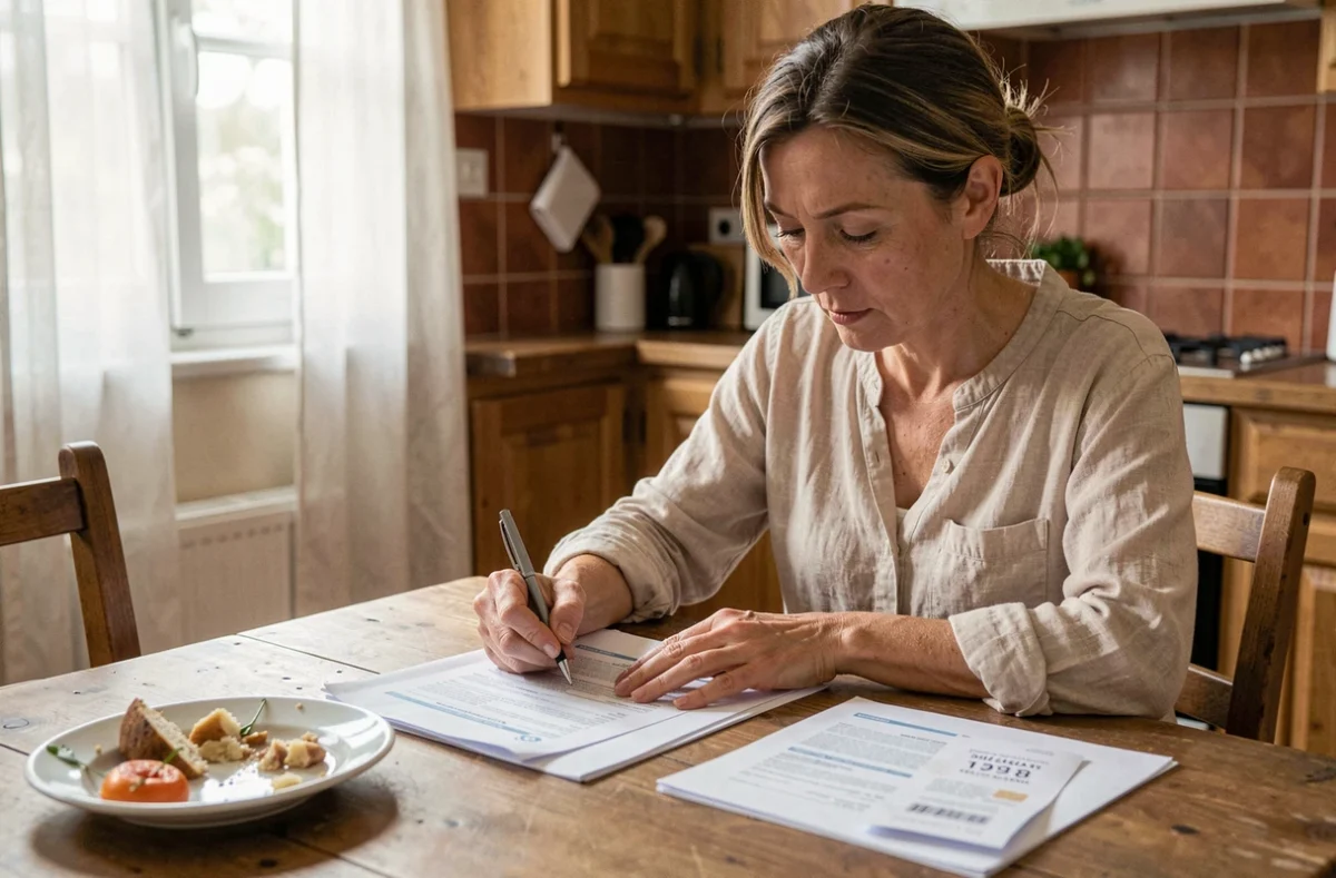 Femme remplissant une déclaration fiscale pour les frais de repas à la maison avec des reçus posés sur la table