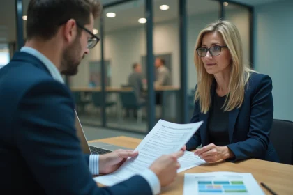 Femme discutant d'un dossier de crédit avec un conseiller bancaire dans une agence moderne
