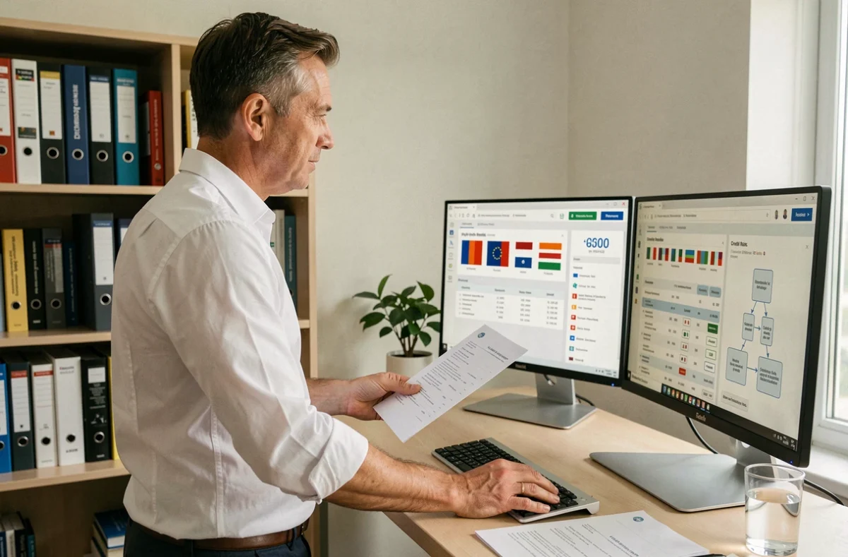 Directeur financier supervisant un tableau de bord de gestion du crédit client européen sur double écran