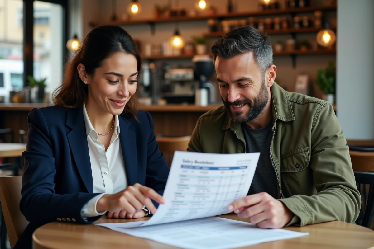 Deux collègues discutant d'un calcul de salaire net SMIC autour d'un document imprimé dans un café urbain