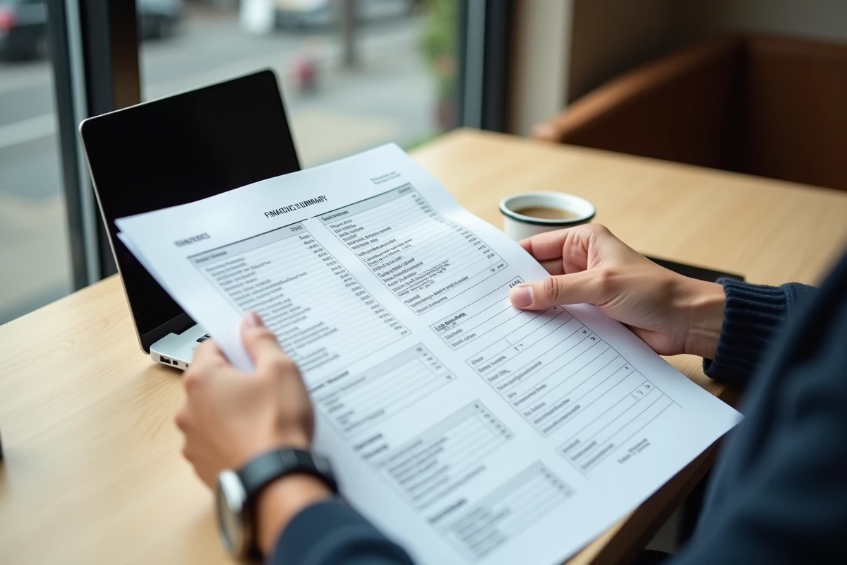 Partie d un document financier avec mains et café parisien