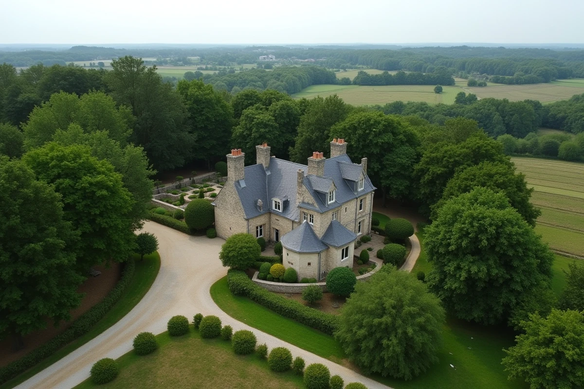 Vue aérienne d'un domaine viticole et d'un manoir en pierre en Vendée symbolisant un patrimoine immobilier et foncier caché
