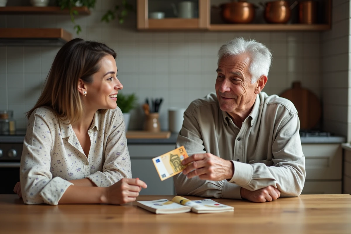 Un homme âgé glisse des billets en euros à une jeune femme à une table de cuisine, symbolisant un don d'argent en famille et les règles de donation entre proches