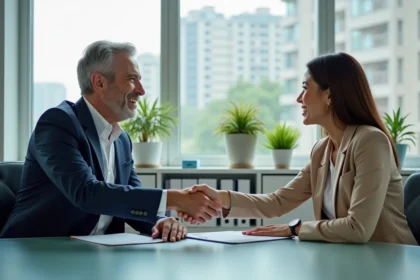 Homme d'affaires en costume bleu souriant lors d'une poignée de main