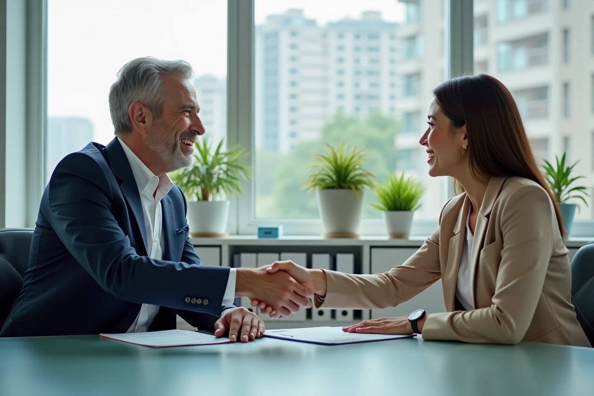 Homme d'affaires en costume bleu souriant lors d'une poignée de main