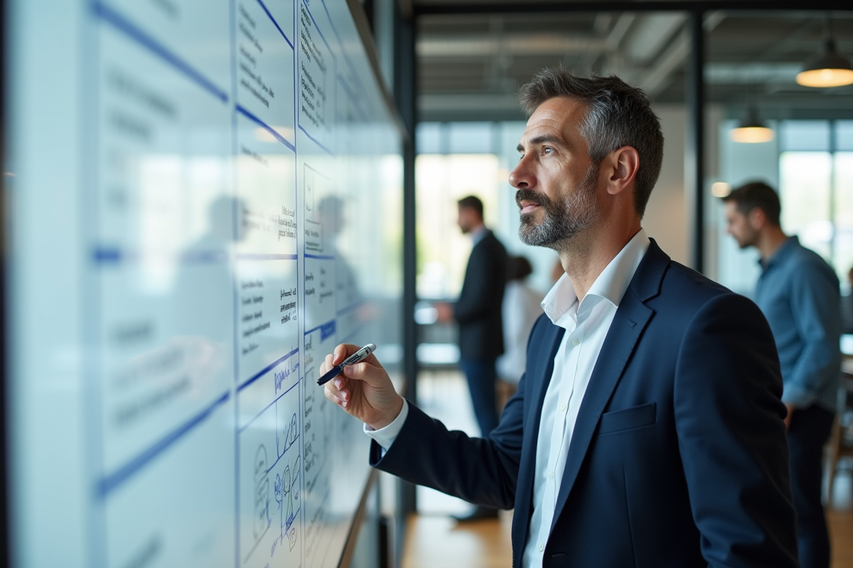 Economiste analysant un diagramme complexe sur un tableau blanc