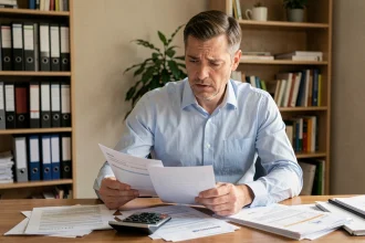 Homme examinant des documents de prêt immobilier à son bureau à domicile, illustrant les erreurs courantes des emprunteurs Casden
